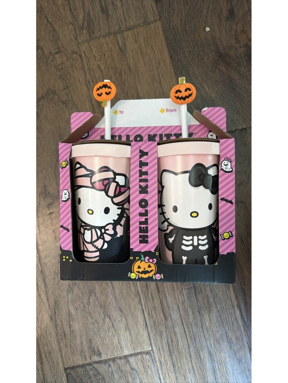 Sanrio Hello Kitty Halloween Tumbler Set 2 Cups Mummy Skeleton Straws